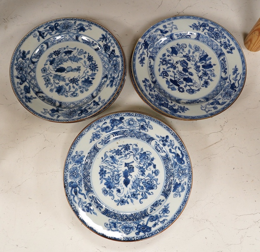 Ten 18th century Chinese export blue and white porcelain plates, each 23cm diameter. Condition - fair, some minor chipping